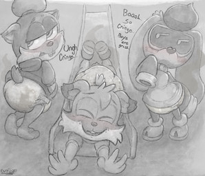 anthro braces clothing cybernetics diaper diaper_focus eyewear female goggles group machine male playground playing soiled_diaper stinky_diaper sweater text topwear trio unclean_diaper used_diaper young overflo207 bubsy_4d baarbee_(bubsy) terri_bobcat_(bubsy) terry_bobcat_(bubsy) bobcat bovid caprine cyborg felid feline lynx mammal sheep hi_res sketch sibling_(lore)