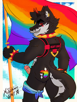 anthro biped bracelet butt butt_tattoo collar erection flag flag_(object) gear genitals harness humanoid_genitalia humanoid_penis jewelry legband lgbt_pride looking_at_viewer looking_back looking_back_at_viewer male penis pride_color_accessory pride_color_flag pride_colors progress_pride_colors proud public public_nudity rear_view six-stripe_rainbow_pride_colors solo spiked_bracelet spiked_collar spikes standing tattoo vincian_pride_colors mrdarknesswolf lgbt_pride_month dantalos canid canine canis demon hybrid mammal wolf hi_res