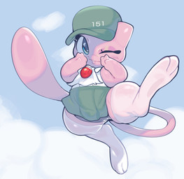 ambiguous_gender barely_visible_underwear blush bottomwear camel_toe chibi clothed clothing cloud floating hat headgear headwear legwear long_tail looking_at_viewer one_eye_closed panties panty_peek panty_shot partially_visible_underwear paws pink_body shortstack simple_background skirt sky smile solo spread_legs spreading tail thick_thighs thigh_highs underwear wink ligma_(artist) nintendo pokemon generation_1_pokemon legendary_pokemon mew_(pokemon) pokemon_(species) digital_media_(artwork) hi_res