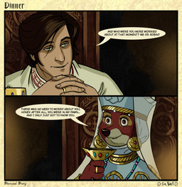 anthro clasped_hands container cup dialogue digit_ring dinner drunk duo eye_contact female folk_clothes gem goblet headdress husband husband_and_wife inside jewelry looking_at_another male married married_couple married_man married_woman medieval_clothing nobleman noblewoman regalia ring sitting smile stray_hairs substance_intoxication text wedding_ring wife sir_paulus disney robin_hood_(disney) maid_marian pavel_(sir_paulus) canid canine canis fox human mammal english_text hi_res story story_in_description