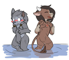 3_fingers 4_fingers accessory ambiguous_gender anthro bathing bathing_together blue_eyes blush brown_body brown_fur brown_hair butt countershade_face countershade_torso countershading duo eyes_closed fangs female fingers flat_chested freckled_face freckles fur gloves_(marking) grey_body grey_fur grey_hair hair hair_accessory hair_ring horn looking_aside looking_at_another markings nipples nude open_mouth partially_submerged pink_nipples simple_background standing tail tail_tuft teeth tongue tuft water white_background young young_anthro young_female shinyumbre blizzard_entertainment warcraft bovid bovine canid mammal tauren werecanid werecreature worgen 2022 colored digital_drawing_(artwork) digital_media_(artwork)