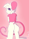 anthro backsack ball_tuft balls big_butt bottomless bouncing_butt butt clothed clothing femboy fur genitals hair kneeling looking_at_viewer looking_back male motion_lines pink_clothing pink_inner_ear pink_shirt pink_topwear rear_view shaking_butt shirt smile solo topwear tuft white_balls white_body white_fur white_hair lumenei reggie_(whygena) mammal murid murine rat rodent 2025 3:4 hi_res
