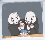 anthro beady_eyes clothing feral fur group hair hoodie open_mouth petting robe simple_background topwear trio white_body white_fur petite-pumpkin undertale undertale_(series) dogamy dogaressa temmie_(undertale) canid canine canis domestic_dog mammal tem