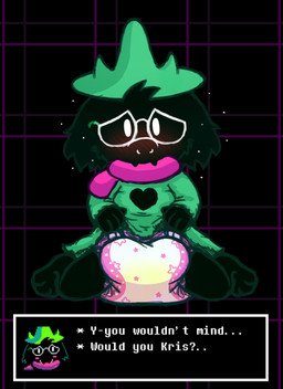 anthro biped blush bodily_fluids clothed clothing dialogue diaper eyewear genital_fluids glasses hat headgear headwear kneeling looking_at_viewer male solo text unclean_diaper urine used_diaper wearing_diaper wet_diaper wetting tenerius deltarune undertale_(series) ralsei bovid caprine darkner goat mammal 2018 english_text hi_res pillarbox