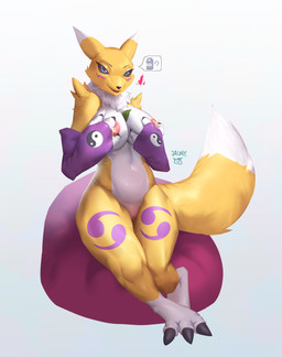 anthro areola armwear asking big_breasts bodily_fluids breasts bridal_gauntlets censored_genitalia censored_vulva clothing double_tomoe female genitals heart_eyes heart_symbol lactating nipples solo speech_bubble tail thick_thighs tomoe_(symbol) vulva yin_yang jaugy bandai_namco digimon canid digimon_(species) mammal renamon absurd_res censored hi_res mosaic_censorship