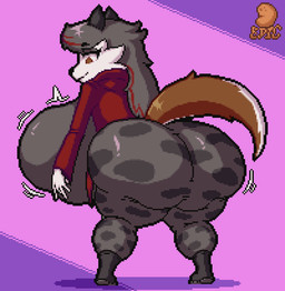 anthro big_breasts big_butt black_ears black_nose bottomwear breast_grab breasts brown_eyes brown_tail butt clothing eyelashes female food glistening glistening_bottomwear glistening_clothing glistening_hair glistening_pants grey_clothing grey_hair grey_shirt grey_topwear hair half-closed_eyes hand_on_breast huge_breasts huge_butt hyper hyper_breasts jacket leaning motion_lines narrowed_eyes pants pink_background plant potato red_clothing red_jacket red_topwear shadow shirt simple_background solo standing tail topwear vegetable white_face wide_hips epicpotatolord canid canine canis mammal wolf digital_media_(artwork) full-length_portrait pixel_(artwork) portrait