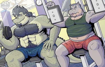 abs anthro bodily_fluids body_hair bulge chest_hair clothing exercise happy_trail male musclegut muscular shirt shoulder_hair sweat tank_top topwear weightlifting workout wanikami arsinoe hyde_baysch common_hippopotamus hippopotamid krokodyle mammal