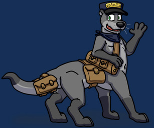 accessory bag clothing countershading fur furgonomics gesture gloves_(marking) green_eyes grey_body grey_fur hat headgear headwear kerchief leg_markings looking_at_viewer looking_back mailbag male markings neckerchief neckwear socks_(marking) solo tail tail_accessory tail_bag text waving waving_at_viewer whiskers samweasel mammal mammal_taur mustelid mustelid_taur otter otter_taur river_otter taur 6:5 alpha_channel english_text