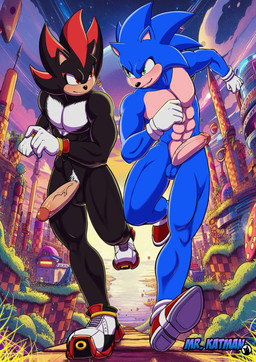 abs anthro balls biceps black_body black_fur blue_body blue_fur bottomwear bulge casual_erection clothing duo erection eye_contact footwear fur genitals gloves green_eyes handwear humanoid_genitalia humanoid_penis looking_at_another male muscular muscular_anthro muscular_male outdoor_nudity outside pecs penis running shoes smile ai_assisted ai_generated_background mrkatman sega sonic_the_hedgehog_(series) shadow_the_hedgehog sonic_the_hedgehog eulipotyphlan hedgehog mammal digital_media_(artwork) hi_res