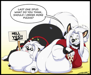 anthro belly big_belly bottomwear clothing duo food fur hair male obese obese_anthro obese_male overweight overweight_anthro overweight_male pants pizza shirt sign square_crossover stuffing text tongue tongue_out topwear white_body white_fur white_hair yellow_eyes deonwolf deon_(deonwolf) canid canine canis mammal wolf 2024 digital_media_(artwork) english_text