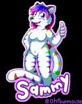 anthro badge blue_eyes female fur gesture hair hand_gesture hand_on_hip looking_at_viewer multicolored_body multicolored_fur multicolored_hair rainbow_body rainbow_fur simple_background solo sparklefur standing text thumbs_up transparent_background white_body white_fur ohfourmouse domestic_cat felid feline felis mammal sammy_(disambiguation) 2019 alpha_channel english_text hi_res