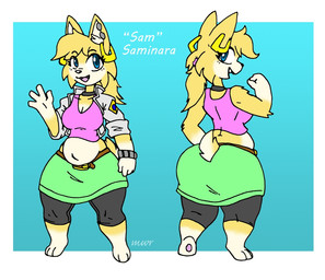 3_toes 4_fingers anthro barefoot belly biped bottomwear clothed clothed_anthro clothed_female clothing countershade_fur countershading ear_piercing ear_ring feet female female_anthro fingers fur gloves_(marking) green_bottomwear green_clothing green_skirt jacket leg_markings markings open_clothing open_jacket open_topwear piercing purple_clothing purple_shirt purple_tank_top purple_topwear ring_piercing scut_tail shirt short_tail skirt slightly_chubby slightly_chubby_anthro slightly_chubby_female socks_(marking) solo tail tank_top text thick_thighs toes topwear white_body white_countershading wide_hipped_anthro wide_hipped_female wide_hips yellow_body yellow_fur blayaden sam_(blayaden) domestic_cat felid feline felis mammal 2023 character_name colored digital_drawing_(artwork) digital_media_(artwork) english_description hi_res