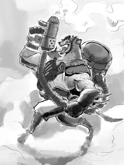anthro armor artificer clothing eyewear fire flamethrower gloves goggles handwear happy male mohawk muscular muscular_anthro muscular_male ranged_weapon runes shoulder_pads smile smoke solo tongue tongue_out weapon tankustarkus dungeons_and_dragons hasbro wizards_of_the_coast raazz gnoll hyena mammal hi_res