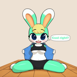 anthro bottomwear bra breasts buckteeth camel_toe clothed clothing crossgender female jacket looking_at_viewer mtf_crossgender open_clothing open_jacket open_mouth open_smile open_topwear shorts smile solo sports_bra spread_legs spreading teeth topwear under_boob underwear a_z_artist animal_crossing nintendo sasha_(animal_crossing) lagomorph leporid mammal rabbit 2021 absurd_res hi_res