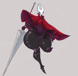 big_breasts black_body bottom_heavy breasts cloak clothing female horn huge_thighs mask melee_weapon membrane_(anatomy) red_cloak red_clothing solo sword thick_thighs weapon white_head the_demon_women hollow_knight_(franchise) team_cherry hornet_(hollow_knight) arachnid arthropod humanoid spider