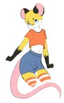 anthro belly black_body black_ears black_fur black_hands blue_eyes clothing femboy fur legwear male pattern_clothing pattern_legwear solo striped_clothing striped_legwear stripes white_belly white_body white_fur yellow_body yellow_fur asusya mysh_(prussian_mouse) mammal mouse murid murine rodent absurd_res hi_res