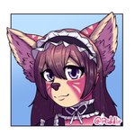 anthro big_ears blue_background brown_hair brown_nose clothing eyelashes female front_view hair maid_uniform mouth_closed purple_eyes simple_background solo uniform riddlr canid canine mammal 1:1 absurd_res bust_portrait hi_res portrait signature