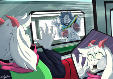 against_surface anthro areola big_areola big_breasts breast_squish breasts breasts_on_glass clothed clothing clothing_lift duo exhibitionism eyewear female flashing flashing_breasts fur glasses hair horn looking_at_another male male/female nipples on_glass one_eye_closed open_mouth public_transportation round_glasses shirt shirt_lift smile squish subway tail teeth topwear wearing_glasses white_body white_fur wink g4rron deltarune undertale undertale_(series) ralsei temmie_(undertale) bovid canid canine caprine felid feline goat mammal tem digital_media_(artwork) hi_res