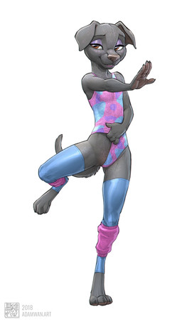 3_toes 4_fingers adolescent anthro barefoot bedroom_eyes black_nose blue_clothing blue_legwear blue_leotard blue_thigh_highs brown_eyes brown_nose butt butt_from_the_front claws clothed clothed_anthro clothed_female clothing clothing_aside clothing_pull digitigrade eyebrows eyeshadow feet female female_anthro finger_claws fingers flat_chested flirting_look floppy_ears folded_ears fur glitter grey_body grey_claws grey_eyebrows grey_fur hindpaw humanoid_hands leg_warmers legwear leotard leotard_pull makeup multicolored_clothing multicolored_leotard narrowed_eyes on_one_leg paws pink_clothing pink_leg_warmers pink_leotard pose purple_clothing purple_eyeshadow purple_leotard seductive simple_background slim slim_anthro slim_female solo standing tail thigh_highs toe_claws toes white_background young young_anthro young_female zaush huffy_(zaush) canid canine canis domestic_dog mammal 2018 dated full-length_portrait hi_res portrait signature