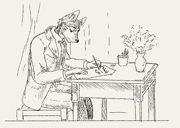 anthro black_body black_fur bottomwear chair clothed clothed_anthro clothed_male clothing ears_up fur furniture holding_object holding_pen inside jacket looking_down male on_chair pants pen plant plant_pot shirt sitting sitting_on_chair solo table topwear vase writing_text reynard_goodfellow canid canine canis mammal wolf monochrome