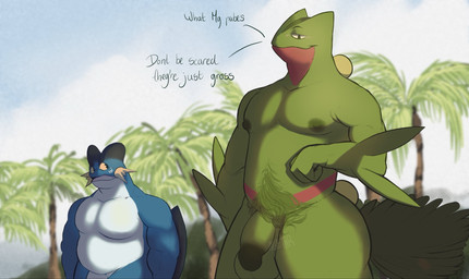 anthro balls belly big_balls big_butt blue_body blue_sky blush blush_lines bodily_fluids butt circumcised cloud dialogue duo exhibitionism flaccid genitals green_body green_nipples humor joke male male/male muscular muscular_male nipples nude palm_tree pecs penis plant pubes shocked shrub sky smug sweat sweatdrop tail teasing text thick_penis tree tropical voyeur yellow_eyes allstarfall nintendo pokemon generation_3_pokemon humanoid pokemon_(species) sceptile swampert english_text hi_res shaded