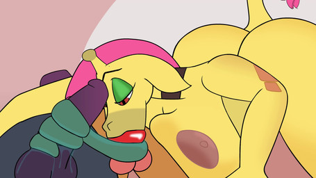 anthro anthro_penetrated balls big_breasts breasts erection fellatio female female_penetrated genitals group hair intersex intersex/female lips long_tongue nude oral oral_only oral_penetration penetration penile penile_penetration penis penis_in_mouth pink_hair sex simple_background thick_lips tongue tongue_out tonguejob trio yellow_body bigandbounce sound_warning dusk_(tabuley) gala_(tabuley) sunny_(tabuley) bat giraffe giraffid mammal 16:9 2d_animation animated hi_res short_playtime sound video widescreen