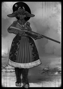 anthro black_body black_fur black_hair cheek_tuft clothed clothed_anthro clothed_female clothing cowboy_hat double_barrel_shotgun dress ear_piercing eye_patch eyewear facial_tuft female fingers floral_pattern fur gun hair hat headgear headwear holding_object holding_weapon hooved_fingers hooves horizontal_pupils horn legwear markings neck_tuft outline piercing pupils ranged_weapon shotgun solo star_(marking) tassels tuft weapon blushyminou143 bathory_black_(therealnarrowjungle) bovid caprine goat mammal absurd_res hi_res monochrome