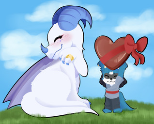 anthro blush candy chibi chocolate dessert duo female food gift happy husband male male/female muffiru ring romantic size_difference wife mythology nintendo pokemon husky_lucario dragon elemental_creature elemental_dragon generation_4_pokemon humanoid ice_dragon lucario mythological_creature mythological_scalie pokemon_(species) scalie hi_res