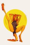 anthro arm_tuft bodysuit camel_toe clothing female forearm_tuft forearms front_view hair hands_behind_head hooves horn long_hair looking_away orange_hair skinsuit smile solo spread_legs spreading stretching_legs tail tail_tuft tight_clothing tuft yellow_body yellow_eyes lethal_doors asian_mythology chinese_mythology east_asian_mythology mythology dragon kirin mythological_creature mythological_scalie scalie