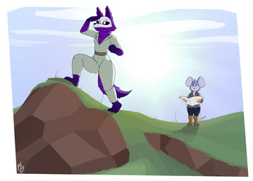 adventurer ambiguous_gender anthro belt black_sclera blue_body blue_fur boots brown_eyes clothing cloud duo eyelashes footwear fur grass_field male map mask outside purple_body purple_fur shoes waist_belt wearing_mask white_eyes katzenart canid canine fox mammal mouse murid murine rodent absurd_res hi_res