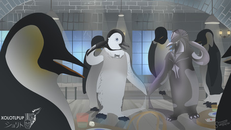 ambiguous_gender barrel blue_eyes brick brick_wall chair dancing dish feet feral floor furniture glass group igloo lamp lights metal metallic_body peak poker shadow shadow_face smile table wall_(structure) water white_body window giga_larry mumble_(happy_feet) aquatic avian bird emperor_penguin fish penguin 16:9 absurd_res hi_res signature widescreen male_(lore)
