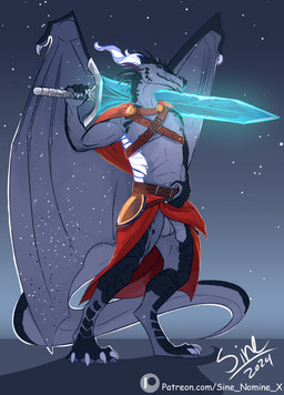 5_fingers abs anthro balls black_markings black_nipples claws fingers foreskin genitals grey_body holding_melee_weapon holding_object holding_sword holding_weapon horn looking_at_viewer male markings melee_weapon membrane_(anatomy) membranous_wings nipples penis simple_background smile solo spikes spikes_(anatomy) standing sword tail text weapon white_balls white_claws white_horn white_penis wings sine_nomine_x mythology wings_of_fire dragon mythological_creature mythological_scalie nightwing_(wof) scalie 2024 colored dated digital_drawing_(artwork) digital_media_(artwork) hi_res shaded url