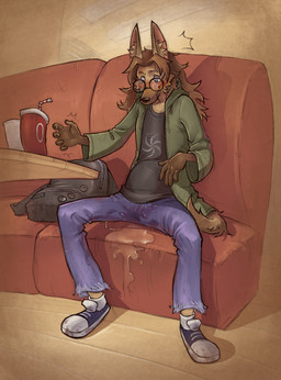 accident anthro awkward_smile backpack blush bottomwear cafe clothing eyewear female furniture glasses omorashi pants peeing skinny_female soda_cup sofa solo spiral spiral_eyes twitching wet wet_bottomwear wet_clothing wet_pants nero228 esther canid canine canis domestic_dog herding_dog mammal pastoral_dog sheepdog absurd_res hi_res