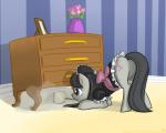 bent_over black_hair blush bow_in_back butt cleaning_tool clothing cutie_mark dresser dust feather_duster female feral flower fur furniture grey_body grey_fur hair maid_uniform plant purple_eyes solo uniform waist_bow frankier77 friendship_is_magic hasbro my_little_pony octavia_(mlp) earth_pony equid equine horse mammal pony 5:4