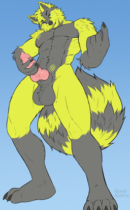 abs anthro athletic balls beckoning big_balls big_penis blue_eyes fur genitals gesture knot knotted_penis male muscular penis solo standing stroking_penis tail yellow_body yellow_fur carnalrabbitz rez_(yellowstreaker) canid canine fox mammal hi_res