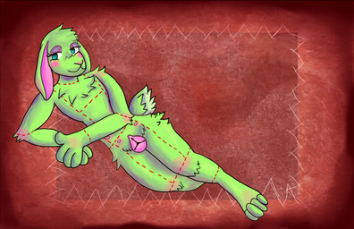 animal_genitalia animal_vulva anthro canine_genitalia canine_pussy_on_anthro canine_vulva female fur genitals gore green_body green_eyes green_fur implied_cannibalism nude_pinup solo vulva sacrificialhound hare lagomorph leporid mammal