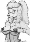 anthro areola breasts canid canine canis clothing domestic_dog eyewear female glasses looking_at_viewer mammal monochrome nipples poodle sketch smile solo vani-fox