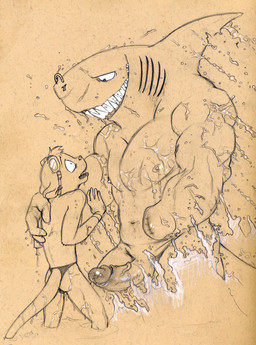 amputee anthro clothing disability dominant duo erection eye_contact eyewear eyewear_on_head fin fish_hook foreskin genitals gills glans goggles goggles_on_head hook humanoid_genitalia humanoid_penis imminent_rape imminent_sex larger_dom looking_at_another male male/male muscular navel nipples nude open_mouth partially_submerged pecs penis piercing predator/prey rape_face retracted_foreskin scar scared sharp_teeth size_difference smile smirk speedo standing swimwear teeth vein veiny_penis water tush_(artist) aquatic fish mammal mustelid otter shark absurd_res graphite_(artwork) hi_res monochrome traditional_media_(artwork)
