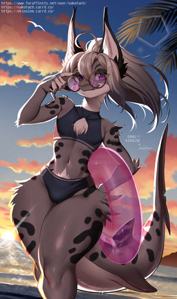 anthro beach_background chest_tuft chest_window clothing eyewear femboy front_view holding_object leg_markings leg_tuft looking_at_viewer male markings pool_float shark_tail small_waist smug_face solo sunglasses sunglasses_down sunglasses_on_face sunset swimwear thick_thighs thigh_markings thigh_tuft tuft wide_hips errokioslem sakotach felid feline fish hybrid lynx mammal marine shark artist_collaboration half-length_portrait hi_res portrait