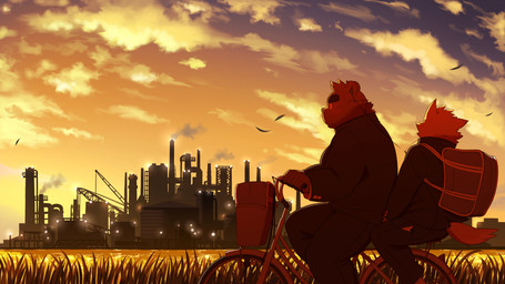 anthro bicycle bottomwear clothing detailed_background duo humanoid_hands male outside pants shirt slightly_chubby topwear vehicle kinoshita-jiroh bear canid canine canis domestic_dog mammal 16:9 2015 hi_res widescreen