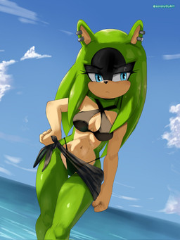 anthro bikini blue_eyes breasts cleavage_cutout clothing cutout ear_piercing eyelashes female fur green_body green_fur half-closed_eyes hand_on_hip looking_at_viewer narrowed_eyes partially_submerged piercing sea sky solo swimwear two-piece_swimsuit water wide_hips soranygyart idw_publishing sega sonic_the_hedgehog_(comics) sonic_the_hedgehog_(idw) sonic_the_hedgehog_(series) surge_the_tenrec afrosoricid mammal tenrec hi_res