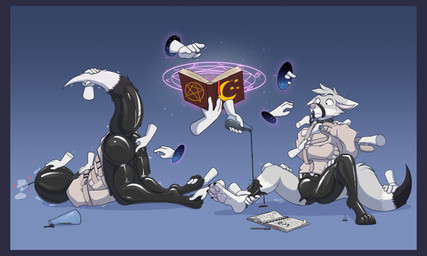 anthro bdsm biped black_border black_collar blue_background bondage book border bound bulge collar disembodied_hand duo female genitals latex male muzzle_(object) muzzled notebook null_bulge occult_symbol pen pentagram restraints simple_background spellbook straitjacket submissive submissive_anthro submissive_female submissive_male symbol vulva white_straitjacket writing_utensil milodesty canid canine living_latex mammal 2020 5:3 hi_res