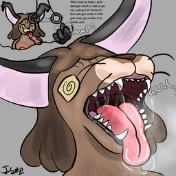 ambiguous_gender anthro bodily_fluids breasts cutaway duo ear_tuft facial_markings fangs female head_markings hypnosis imminent_vore markings mind_control mouth_shot nude open_mouth pendulum prosthetic prosthetic_hand saliva sharp_teeth solo_focus spiral spiral_pupils teeth text tuft uvula whiskers ishitmypants frost_(ishitmypants) iris_(ishitmypants) caracal caracal_(genus) felid feline mammal 1:1 english_text