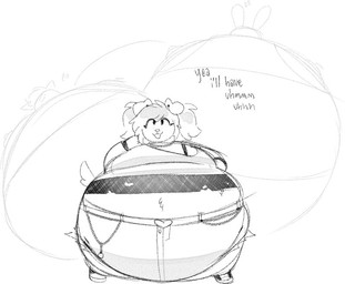 ambiguous_gender anthro belt body_inflation bottomwear butt clothing crop_top denim denim_bottomwear denim_clothing denim_shorts dialogue group hyper hyper_inflation immobile inflation makeup monobutt shirt shorts solo spherical_inflation topwear synthosad canid canine canis domestic_dog lagomorph mammal 2025 monochrome sketch
