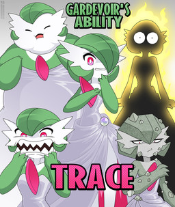 3_fingers ability_(pokemon) after_transformation burning clothed clothing dress dress_only fingers fire green_arms green_fingers green_hair green_hands green_text grey_clothing grey_dress hair hair_over_eye key_stone_(pokemon) obese obese_humanoid open_mouth overweight overweight_humanoid pink_text rock rock_skin scared sharp_teeth teeth text trace_(ability) transformation weight_gain white_body wide_mouth nico_neko nintendo pokemon elemental_creature gardevoir generation_3_pokemon humanoid mineral_fauna pokemon_(species) rock_creature absurd_res english_text hi_res