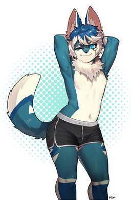 anthro blue_body blue_eyes blue_fur blue_hair bottomwear clothed clothing countershading dolphin_shorts fur hair hands_behind_head looking_at_viewer male multicolored_hair navel one_eye_closed pattern_background shorts simple_background smile solo topless two_tone_hair white_hair wink pgm300 mammal 2021 digital_media_(artwork) shaded signature