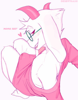 anthro barefoot bodily_fluids clothing dialogue eyebrows eyewear feet femboy fur genital_fluids glasses half-closed_eyes horn long_ears male narrowed_eyes pink_clothing pink_eyes pink_horn precum precum_through_clothing simple_background solo text toes wet wet_clothing white_body white_fur desertkaiju deltarune undertale_(series) ralsei bovid caprine darkner mammal 2023 digital_media_(artwork) english_text hi_res