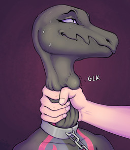 anthro bodily_fluids chained_collar duo female glk hand_on_neck long_neck markings neck_bulge neck_grab nervous nervous_smile nervous_sweat offscreen_character onomatopoeia purple_sclera restrained simple_background sound_effects swallowing swallowing_sound_effect sweat sweatdrop text throat_grab maynard0 nintendo pokemon generation_7_pokemon human mammal pokemon_(species) salazzle absurd_res hi_res