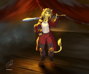 4_toes 5_fingers ankh ankh_necklace blonde_hair claws clothing feet female fingerless_gloves fingers footwear furgonomic_footwear furgonomics gloves hair handwear jewelry knee_pads long_coat melee_weapon necklace paws solo sword sword_on_back tail tail_tuft toes tuft weapon yellow_body osleepyevil raziya_(racheltheseeker) felid lion mammal pantherine