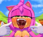 2023 absurd_res ahegao amy_rose anthro areola big_uvula blush bodily_fluids breasts clothing digital_media_(artwork) eulipotyphlan eyelashes female front_view gaping_mouth gloves green_eyes half-closed_eyes handwear hedgehog hi_res looking_at_viewer looking_pleasured mammal mouth_shot narrowed_eyes open_mouth outside presenting_mouth red_tongue saliva saliva_on_tongue saliva_string sega solo sonic_the_hedgehog_(series) sweat teeth theboogie throat tongue tongue_out uvula